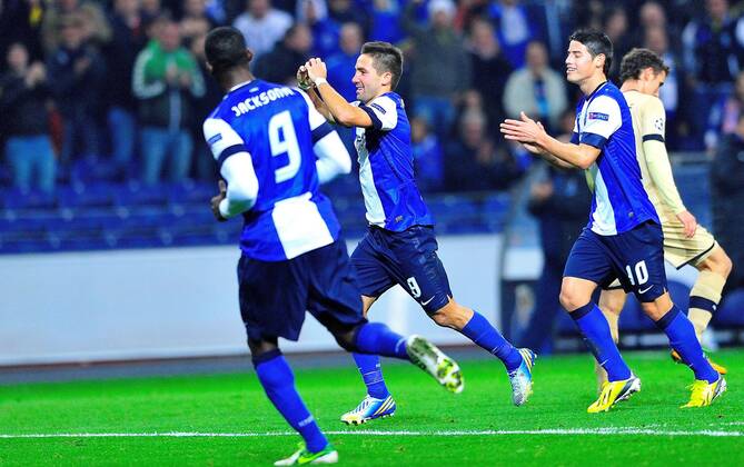 Nov. 21, 2012 - Porto- Joao Moutinho, celebrating a 3rd score, Porto won by 3x0 Dinamo Zagreb, Jackson (right) and Rodriguez (L) at the Estadio do Dragao. -- FC Porto - Dinamo Zagreb 3:0 --  - ZUMAm11