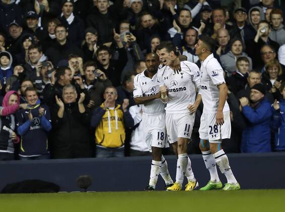 Tottenham s Gareth Bale celebrates scoring his sides third goal..Tottenham Hotspur v West Ham United -Premier League- White Hart Lane, London- 25 11 12 - Picture David Klein Sportimage EDITORIAL USE ONLY. No use with unauthorised audio, video, data, fixture lists, club league logos or live services. Online in-match use limited to 120 images, no video emulation. No use in betting, games or single club league player publications.