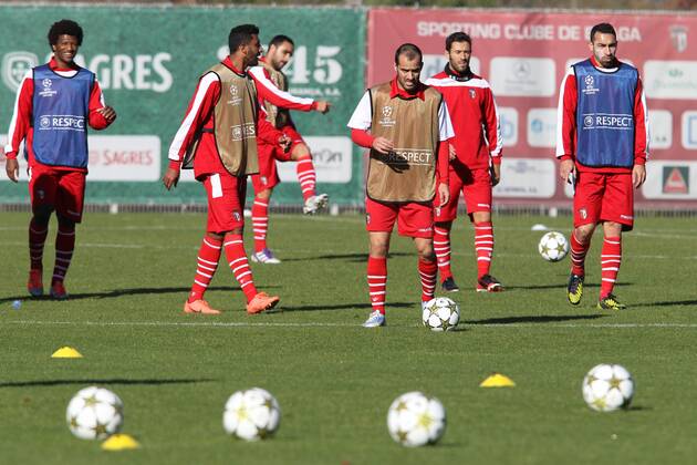 Ze Luis (L), Carlao, Ruben Micale and Paulo Vinicius of SC Braga (Sporting) during the training session before the UEFA Champions League, Group H, match in Braga.