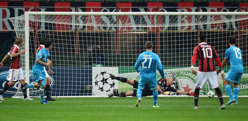 Zenit captain Danny scores goal 0-1 against Christian Abbiati (AC Mailand) Milano 4 12 2012 Stadio San Siro Giuseppe Meazza Football Calcio 2012 2013 Champions League; AC Mailand - Zenit St Petersburg andreaxstaccioli