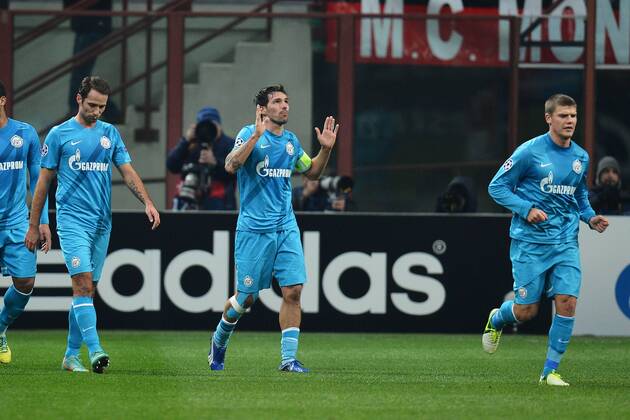 Zenit captain Danny celebrates scoring goal 0-1 Milano 4 12 2012 Stadio San Siro Giuseppe Meazza Football Calcio 2012 2013 Champions League; AC Mailand - Zenit St Petersburg andreaxstaccioli