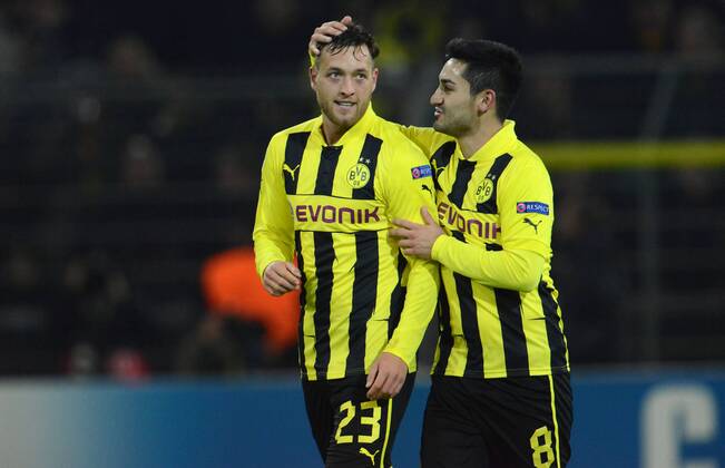 04-12-2012, Fussball, Saison 2012-2013, UEFA Champions League, Gruppenphase, Borussia Dortmund - Manchester City, Jubel Julian Schieber (Borussia Dortmund), li., und Ilkay Gündogan (Borussia Dortmund)