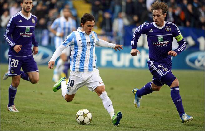 Diego Buonanotte of Malaga and Lucas Biglia of RSC Anderlecht FOOTBALL : Malaga vs Anderlecht - Ligue des Champions - 04 12 2012 Photonews Panoramic 