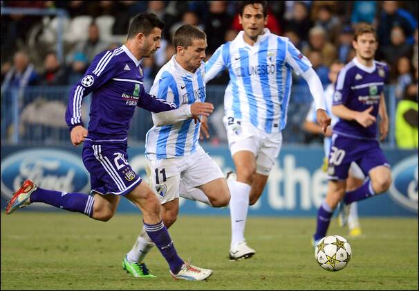 Seba of Malaga - Behrang Safari of RSC Anderlecht FOOTBALL : Malaga vs Anderlecht - Ligue des Champions - 04 12 2012 Photonews Panoramic 