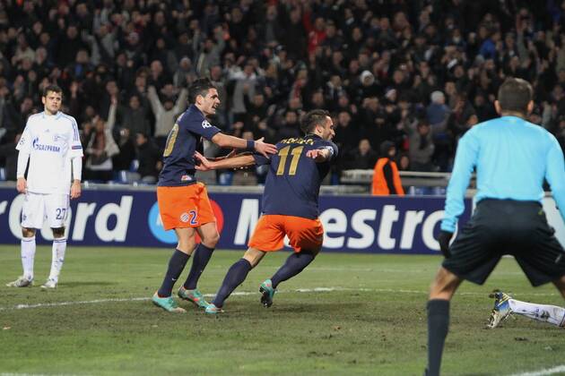 Remy Cabella bejubelt mit Torschütze Emanuel Herrera das 1:1 FOOTBALL : Montpellier vs Schalke 04 - Ligue des Champions - 04 12 2012 RichardGosselin Panoramic 