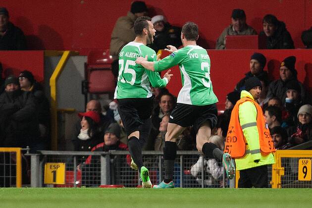 Football - 2012 2013 Champions League - Group H: Manchester United vs. CFR Cluj Luis Alberto of Cluj celebrates his opening goal at Old Trafford 