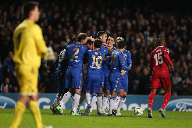 Football - 2012 2013 Champions League - Group E - Chelsea FC v FC Nordsjaelland Chelsea s David Luiz celebrates after he scored a penalty at Stamford Bridge, London 