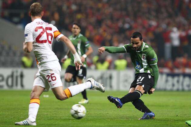 Ismaily of SC Braga (Sporting) shoots the goal of Galatasaray during the UEFA Champions League, Group H match at AXa Stadium in Braga.