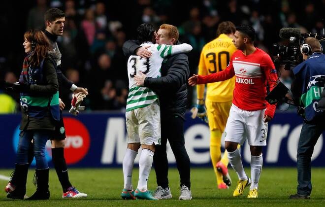 Manager Neil Lennon (R) and Biram Kayal of Celtic embrace at full time - UEFA Champions League group G - Celtic vs Spartak Moscow - Celtic Park - Glasgow - Scotland - 5th September 2012 EDITORIAL USE ONLY. No use with unauthorised audio, video, data, fixture lists, club league logos or live services. Online in-match use limited to 120 images, no video emulation. No use in betting, games or single club league player publications.