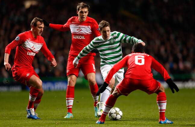 Kris Commons (C) of Celtic in action - UEFA Champions League group G - Celtic vs Spartak Moscow - Celtic Park - Glasgow - Scotland - 5th September 2012 EDITORIAL USE ONLY. No use with unauthorised audio, video, data, fixture lists, club league logos or live services. Online in-match use limited to 120 images, no video emulation. No use in betting, games or single club league player publications.