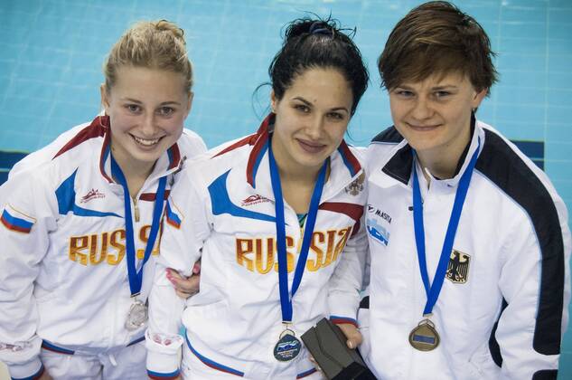 Yulia Koltunova RUS gold medal, Ekaterina Petukhova RUS silver medal, Julia Stolle GER bronze medal..Women s 10m platform finals..07 12 2012..Four Nations Diving Championships 2012..Torino - Italy ..Dec.07th - 09th 2012..Ph. Giorgio Perottino Deepbluemedia Insidephoto GiorgioxPerottino