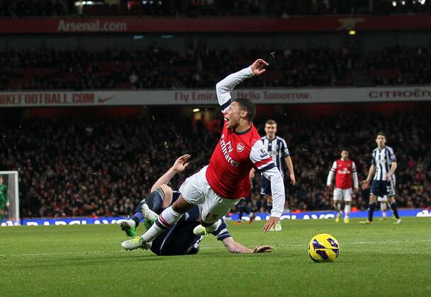 Arsenal s Alex Oxlade-Chamberlain gets fouled for a penalty by WBA s Chris Brunt..Arsenal FC London v West Bromwich Albion - Premier League - Emirates Stadium, London- 8 12 12 - Picture David Klein Sportimage EDITORIAL USE ONLY. No use with unauthorised audio, video, data, fixture lists, club league logos or live services. Online in-match use limited to 120 images, no video emulation. No use in betting, games or single club league player publications.