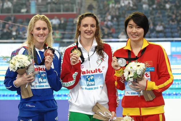 Jenna Lowe GBR Bronze Medal, Katinka Hosszu Hungary Gold Medal, Liuyang JIAO China Silver medal Women s 200m butterfly Istanbul 12 12 2012 Istanbul andreaxstaccioli
