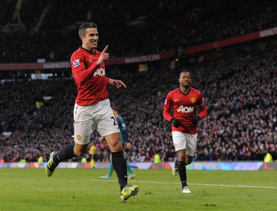 Robin van Persie of Manchester United celebrates scoring the first goal - Barclays Premier League - Manchester Utd vs Sunderland - Old Trafford Stadium - Manchester - 15 12 12 - Picture Simon Bellis Sportimage EDITORIAL USE ONLY. No use with unauthorised audio, video, data, fixture lists, club league logos or live services. Online in-match use limited to 120 images, no video emulation. No use in betting, games or single club league player publications.