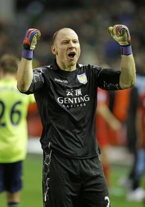 Aston Villa goalkeeper Brad Guzan celebrates at the end of the game - .Barclays Premiership - Liverpool FC vs Aston Villa - Anfield - Liverpool - 15 12 12 - EDITORIAL USE ONLY. No use with unauthorised audio, video, data, fixture lists, club league logos or live services. Online in-match use limited to 120 images, no video emulation. No use in betting, games or single club league player publications.
