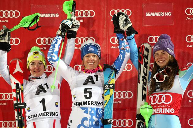 SKI ALPIN - FIS WC Semmering, Slalom, Damen SEMMERING,AUSTRIA,29.DEZ.12 - SKI ALPIN - FIS Weltcup, Slalom der Damen, Nachtslalom, Siegerehrung. Bild zeigt den Jubel von Kathrin Zettel (AUT), Veronika Velez Zuzulova (SVK) und Tina Maze (SLO). 