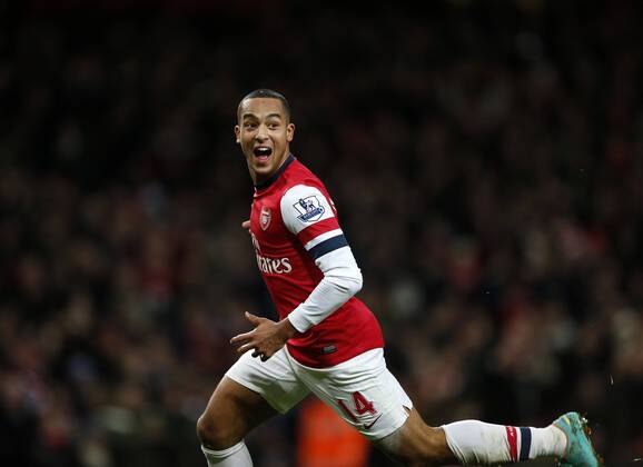 Arsenal s Theo Walcott celebrates scoring his third goal..- Arsenal v Newcastle United - Barclays Premier League - the Emirates Stadium, London- 29 12 12 - Picture David Klein Sportimage EDITORIAL USE ONLY. No use with unauthorised audio, video, data, fixture lists, club league logos or live services. Online in-match use limited to 120 images, no video emulation. No use in betting, games or single club league player publications.