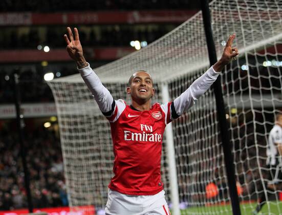 Arsenal s Theo Walcott celebrates scoring his third goal..- Arsenal v Newcastle United - Barclays Premier League - the Emirates Stadium, London- 29 12 12 - Picture David Klein Sportimage EDITORIAL USE ONLY. No use with unauthorised audio, video, data, fixture lists, club league logos or live services. Online in-match use limited to 120 images, no video emulation. No use in betting, games or single club league player publications.
