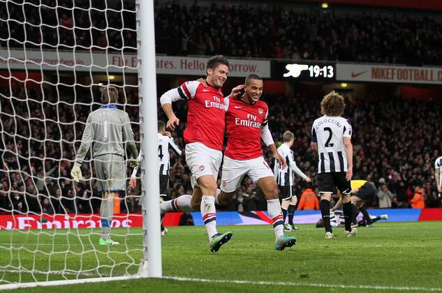 Arsenal s Olivier Giroud celebrates scoring his sides fifth goal with Theo Walcott..- Arsenal v Newcastle United - Barclays Premier League - the Emirates Stadium, London- 29 12 12 - Picture David Klein Sportimage EDITORIAL USE ONLY. No use with unauthorised audio, video, data, fixture lists, club league logos or live services. Online in-match use limited to 120 images, no video emulation. No use in betting, games or single club league player publications.