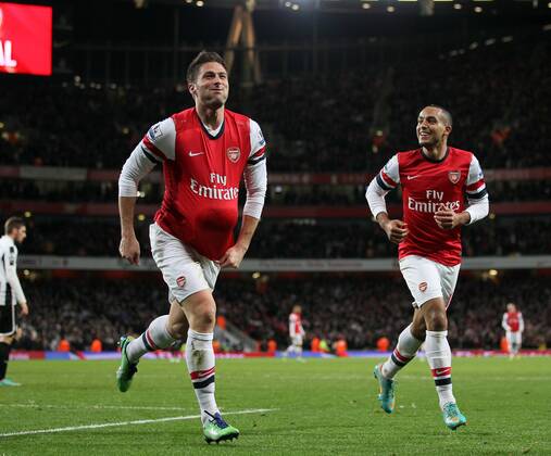 Arsenal s Olivier Giroud celebrates scoring his sides fifth goal with Theo Walcott..- Arsenal v Newcastle United - Barclays Premier League - the Emirates Stadium, London- 29 12 12 - Picture David Klein Sportimage EDITORIAL USE ONLY. No use with unauthorised audio, video, data, fixture lists, club league logos or live services. Online in-match use limited to 120 images, no video emulation. No use in betting, games or single club league player publications.