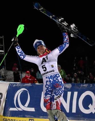SKI ALPIN - FIS WC Semmering, Slalom, Damen SEMMERING,AUSTRIA,29.DEZ.12 - SKI ALPIN - FIS Weltcup, Slalom der Damen, Nachtslalom. Bild zeigt den Jubel von Veronika Velez Zuzulova (SVK). 