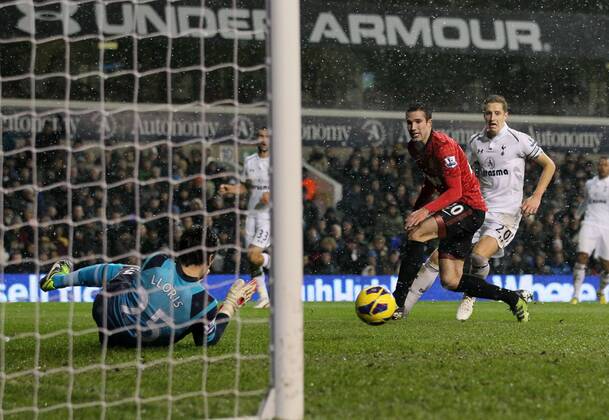 Tottenham s Hugo Lloris saves from Manchester United ManU s Robin Van Persie..Tottenham Hotspur v Manchester United ManU - Barclays Premier League - White Hart Lane, London- 20 01 13 - Picture David Klein Sportimage EDITORIAL USE ONLY. No use with unauthorised audio, video, data, fixture lists, club league logos or live services. Online in-match use limited to 120 images, no video emulation. No use in betting, games or single club league player publications.