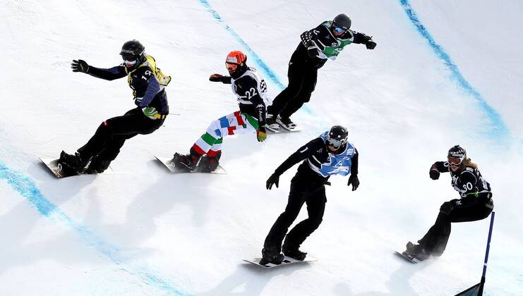 SNOWBOARD - FIS WM Stoneham, SBX, Herren STONEHAM,KANADA,26.JAN.13 - SNOWBOARD - FIS Weltmeisterschaften Stoneham, Boarder Cross, Snowboardcross, Herren. Bild zeigt Alessandro Hämmerle (AUT), Robert Fagan (CAN), Tommaso Leoni (ITA), Anton Lindfors (FIN) und Hagen Kearney (USA).