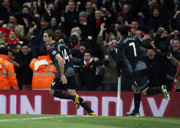Liverpool s Jordan Henderson celebrates scoring his sides second goal.. - FC Arsenal vs FC Liverpool - Barclays Premier League - Emirates Stadium, London- 30 01 13 - EDITORIAL USE ONLY. No use with unauthorised audio, video, data, fixture lists, club league logos or live services. Online in-match use limited to 120 images, no video emulation. No use in betting, games or single club league player publications.