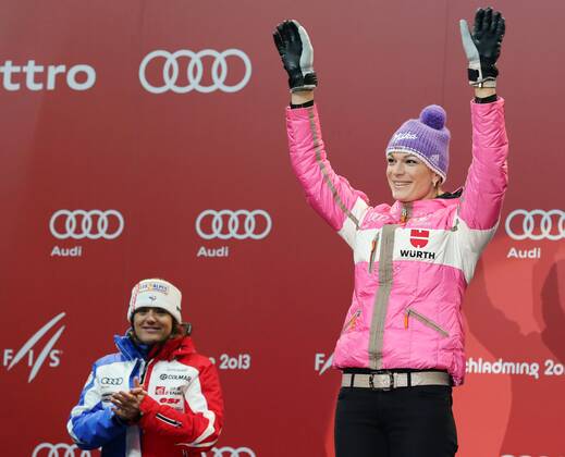 SKI ALPIN - FIS Ski WM 2013, Abfahrt, Damen SCHLADMING,AUSTRIA,10.FEB.13 - SKI ALPIN - FIS Alpine Ski Weltmeisterschaften 2013, Abfahrt der Damen, Siegerehrung, Medaillenvergabe, Medal Plaza. Bild zeigt Maria Höfl Riesch (GER). 