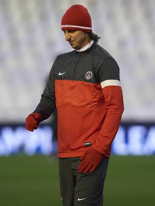 VALENCIA, SPAIN- FEBRUARY 11:Zlatan Ibrahimovic of Paris Saint-Germain FC reacts at the training season ahead of their UEFA Champions League round of 16 match of Paris Saint Germain at the Mestalla stadium on February 11, 2013 in Valencia, Spain. . 