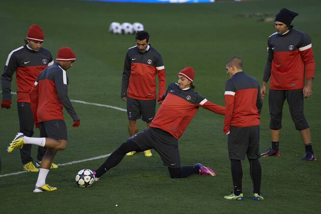 VALENCIA, SPAIN- FEBRUARY 11: Zlatan Ibrahimovic of Paris Saint-Germain FC in action training season ahead of their UEFA Champions League round of 16 match of Paris Saint Germain at the Mestalla stadium on February 11, 2013 in Valencia, Spain. . 