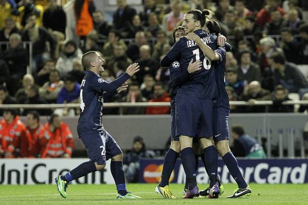 Paris Saint-Germain s Marco Verratti, Maxwell, Zlatan Ibrahimovic and Javier Pastore celebrate goal during Champions League 2012 2013 match.February 12,2013.  (201302121518)