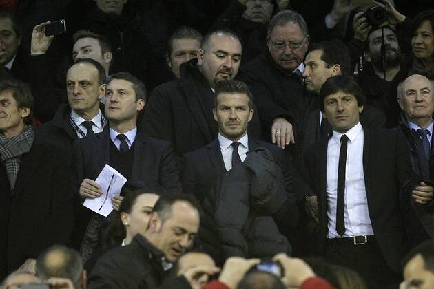 Paris Saint-Germain s David Beckham and Leonardo during Champions League 2012 2013 match.February 12,2013.  (201302121479)