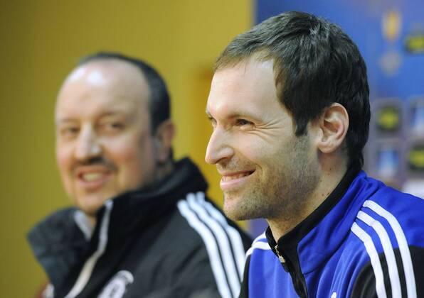 Coach of FC Chelsea Rafael Benitez (left) and goalkeeper Petr Cech pictured during press conference in Prague, Czech Republic on February 13, 2013, ahead of the Europa League play off match against Chelsea FC. (CTKxPhoto StanislavxZbynek) CTKPhotoP201302130924501  zby 5