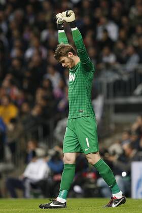 Manchester United s David De Gea celebrates goal during Champions League 2012 2013 match.February 12,2013.  (20229)