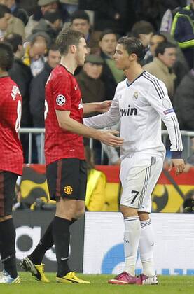 13 2 2013. Soccer match between Real Madrid and Manchester United corresponding to round of 8th first leg of the Champions League, held at the Santiago Bernabeu stadium, in Madrid 2 13 2013. Cristiano Ronaldo 
