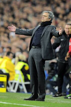 Jose Mourinho coach of Real Madrid reacts on the touchline during the game - UEFA Champions League First Knockout Round 1st leg - Real Madrid vs Manchester Utd - Bernabau Stadium - Madrid - 13 11 12 - Picture SimonxBellis Sportimage- EDITORIAL USE ONLY. No use with unauthorised audio, video, data, fixture lists, club league logos or live services. Online in-match use limited to 120 images, no video emulation. No use in betting, games or single club league player publications.