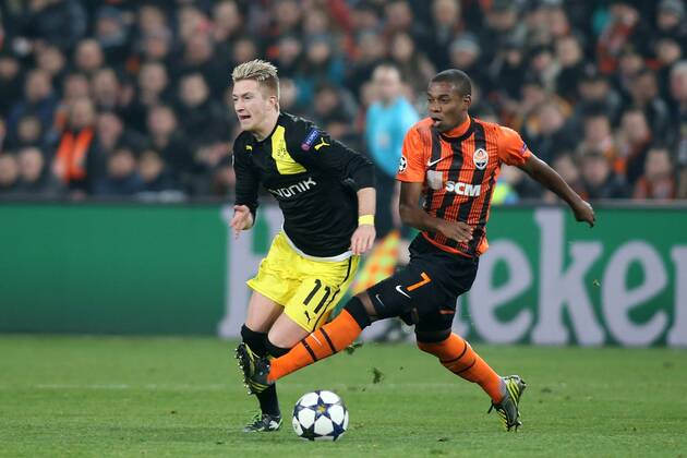 DONIECK 13.02.2013 UEFA CHAMPIONS LEAGUE 1 8FINAL FIRST MATCH: SHAKHTAR DONETSK - BVB Borussia Dortmund: MARCO REUS FERNANDINHO  GY5Q8785