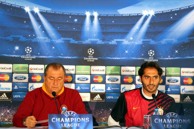 Galatasaray s Coach Fatih Terim and Hamit Altintop speaks during a press conference at the Istanbul, Turkey. 19.02.2013 