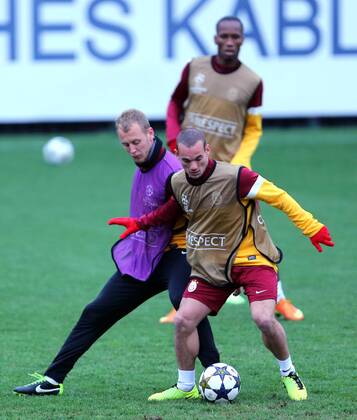 Galatasaray was having the last training before the Schalke match that they will play tomorrow. 19.02.2013 Pictured: Wesley Sneijder and Semih Kaya 