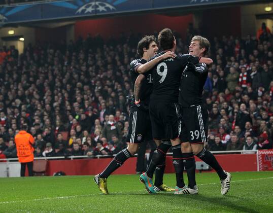 Munich s Toni Kroos celebrates scoring his sides opening goal..Arsenal v Bayern Munich - Champions League Second Round, First Leg- Emirates Stadium, London- 19 02 13 - Picture David Klein Sportimage EDITORIAL USE ONLY. No use with unauthorised audio, video, data, fixture lists, club league logos or live services. Online in-match use limited to 120 images, no video emulation. No use in betting, games or single club league player publications.