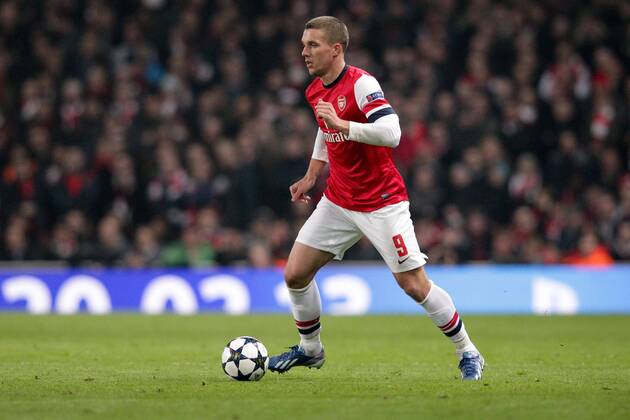 Lukas PODOLSKI (FC Arsenal London - 9) am Ball - Freisteller 19.02.2013 Fussball Champions League Achtelfinale Hinspiel FC Arsenal London (Großbritannien - GB) - FC Bayern München (Deutschland - GER) Fussball Maenner Saison 2012 13