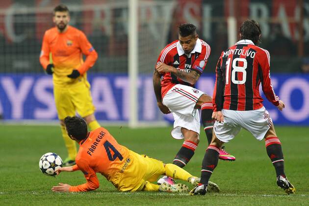 Cesc Fabregas Barcelona, Kevin Prince Boateng Milan .Milano 20 02 2013 Stadio San Siro - Giuseppe Meazza.Football Calcio 2012 2013 Champions League. AC Milan vs. FC Barcelona -- andreaxstaccioli