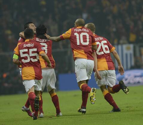UEFA Champions League last sixteen first leg match between Galatasaray and Schalke 04 at Turk Telekom Arena Stadium in Istanbul on 20.02.2013 Pictured: Galatasaray s players celebrates after the score. 