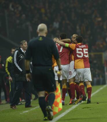 UEFA Champions League last sixteen first leg match between Galatasaray and Schalke 04 at Turk Telekom Arena Stadium in Istanbul on 20.02.2013 Pictured: Galatasaray s players celebrates after the score. 