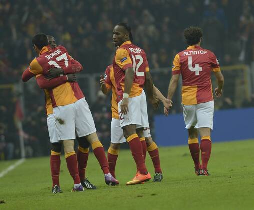 UEFA Champions League last sixteen first leg match between Galatasaray and Schalke 04 at Turk Telekom Arena Stadium in Istanbul on 20.02.2013 Pictured: Galatasaray s players celebrates after the score. 