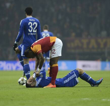 UEFA Champions League last sixteen first leg match between Galatasaray and Schalke 04 at Turk Telekom Arena Stadium in Istanbul on 20.02.2013 Pictured: Didier Drogba of Galatasaray and Sead Kolasinac of Schalke 04 