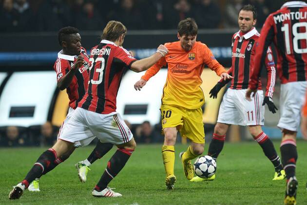 Suley Ali Muntari, Massimo Ambrosini Milan, Lionel Messi Barcelona Milano 20 02 2013 Stadio San Siro - Giuseppe Meazza Football 2012 2013 Champions League -- AC Milan - FC Barcelona -- andreaxstaccioli