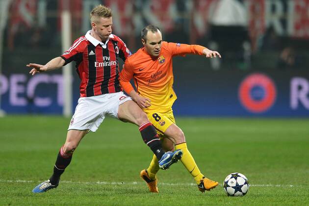 Ignazio Abate Milan, Andres Iniesta Barcelona Milano 20 02 2013 Stadio San Siro - Giuseppe Meazza Football 2012 2013 Champions League -- AC Milan - FC Barcelona -- andreaxstaccioli