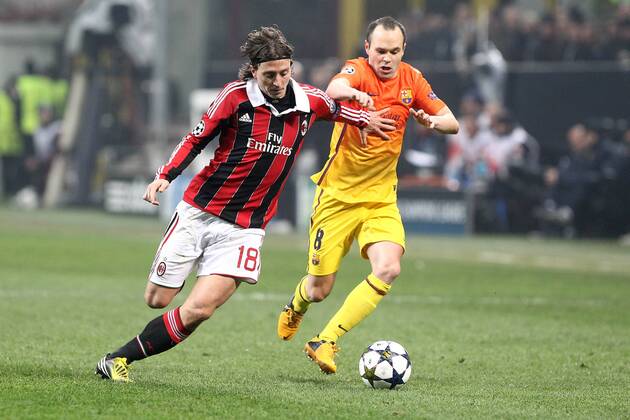 Riccardo Montolivo Milan Andres Iniesta Barcelona Milano 20 02 2013 Stadio S.Siro Football Calcio UEFA Champions League 2012 13 Milan vs Barcelona PaoloxNucci